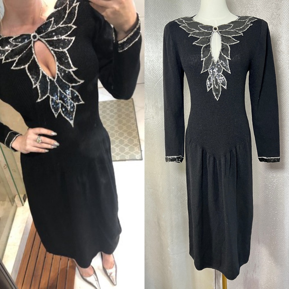 Don Sayres Wellmore Knit Dress Size 10 Black Wool Rayon Sequin Embellished